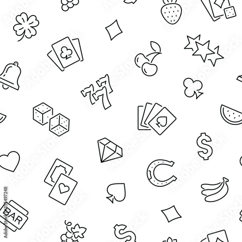 Seamless pattern with casino and gambling. Black and white thin line icons