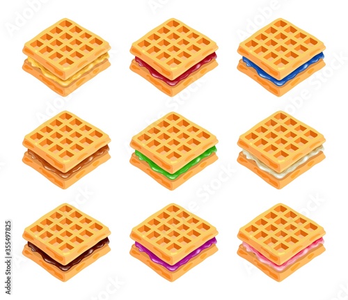 vector belgian waffles with colorful fruit syrup