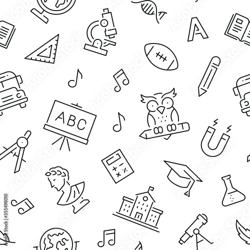 Seamless pattern with school subjects and education. Black and white thin line icons