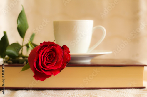 Social Media Concept: close up on the book, coffee cup and the rose, free copy space