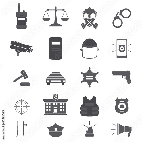 Police Force Law Justice Icon Set - Black Silhouette Vector Illustration Sign Symbol