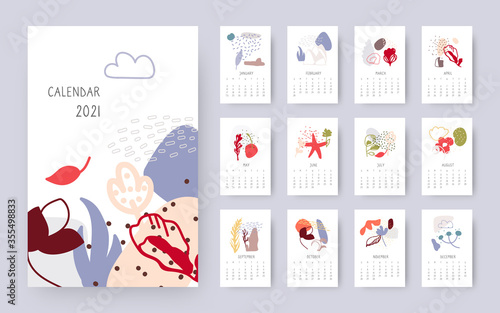 Abstract floral calendar 2021 year. Creative modern art template set with doodle organic elements. Simple decorative different shapes objects with spots, dots, lines. Isolated vector illustration