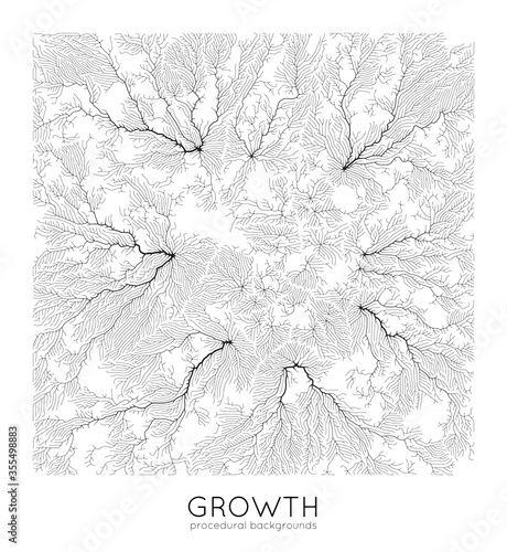 Vector generative branch growth pattern. Square texture. Lichen like organic structure with veins. Monocrome square biological net of vessels.