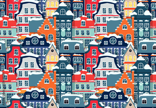 Winter houses with snow on roof seamless pattern. Layered building street background, flat cartoon christmas time sign. Repeat ornament for paper wrap fabric print, wallpaper decor Vector illustration