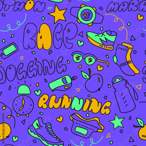 Seamless pattern with running theme elements in doodle style. Vector illustration.