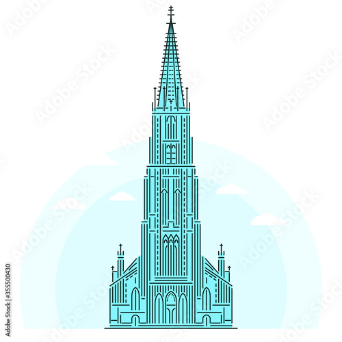 Ulm Minster - famous landmark of Ulm, Germany. Monument of German Gothic architecture. Linear style outline vector illustration on white background