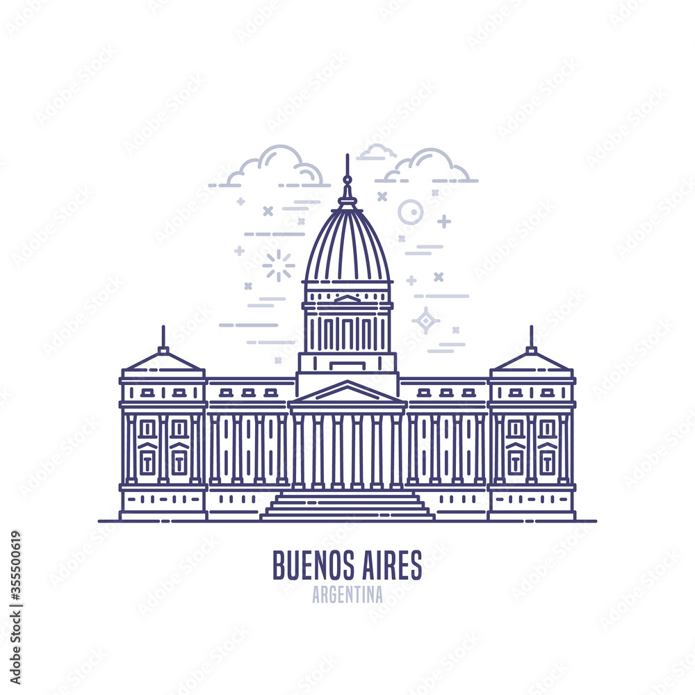 Palace of the Argentine National Congress - a famous landmark of the city of Buenos Aires, Argentine. Monumental building in the neoclassical style. City sight vector icon in simple line art style