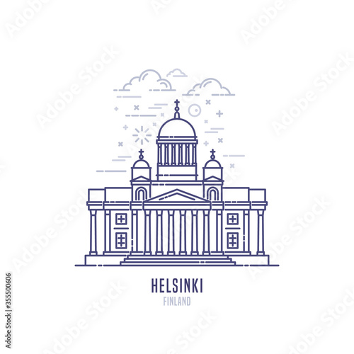Helsinki Cathedral - a major landmark of Helsinki, the capital city of Finland. Finnish Evangelical Lutheran cathedral building in the neoclassical style. City sight vector icon line art style