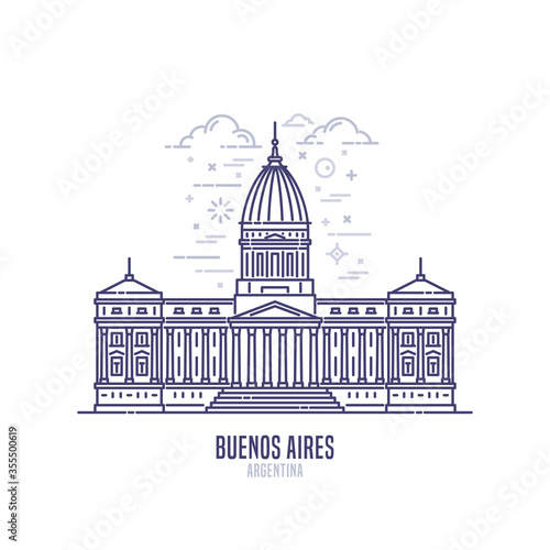 Palace of the Argentine National Congress - a famous landmark of the city of Buenos Aires, Argentine. Monumental building in the neoclassical style. City sight vector icon in simple line art style