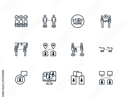 Social distancing, physical distancing outline icon. Editable stroke. Keep distance in public society people to protect from coronavirus, covid-19 spreading concept.