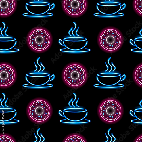 Seamless pattern with neon cup of coffe and donuts on black background. Cafe, bakery, breakfast, girly concept. Vector 10 EPS illustration.