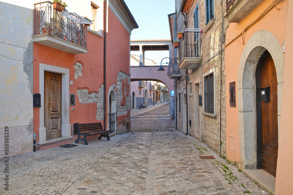Fototapeta premium A narrow street between the old houses of Fragneto l'Abate, a medieval village in the Campania region.