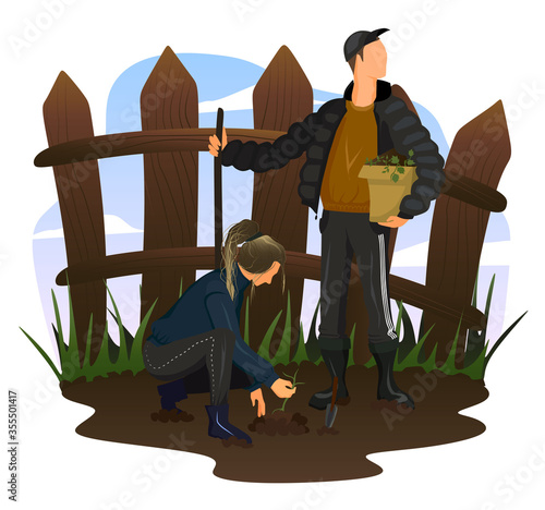 Man and woman seed a plant. Gardening. Summer holidays. Man digging with showel and woman planting seeds vector illustration.Cartoon flat. Kitchen-garden. Kaleyard working. Harvest, crop, yield.