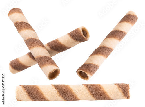 Crispy cream filled wafer roll sticks isolated on white background
