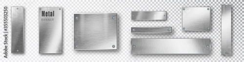 Metal banners set realistic. Vector Metal brushed plates with a place for inscriptions isolated on transparent background. Realistic 3D design. Stainless steel background.