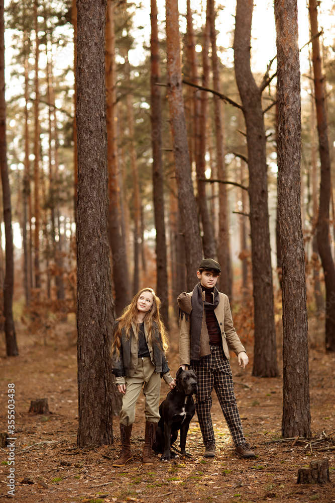 Fototapeta premium Girl and boy walk with a dog Cane corso in the forest and have a fun. Children stand near a tree and hold a dog on a leash.