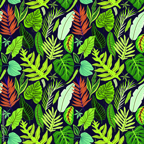 Seamless background with tropical leaves. Bright jungle pattern with palm leaves and exotic plant. The elegant template with Hawaiian motifs, on blue background. 