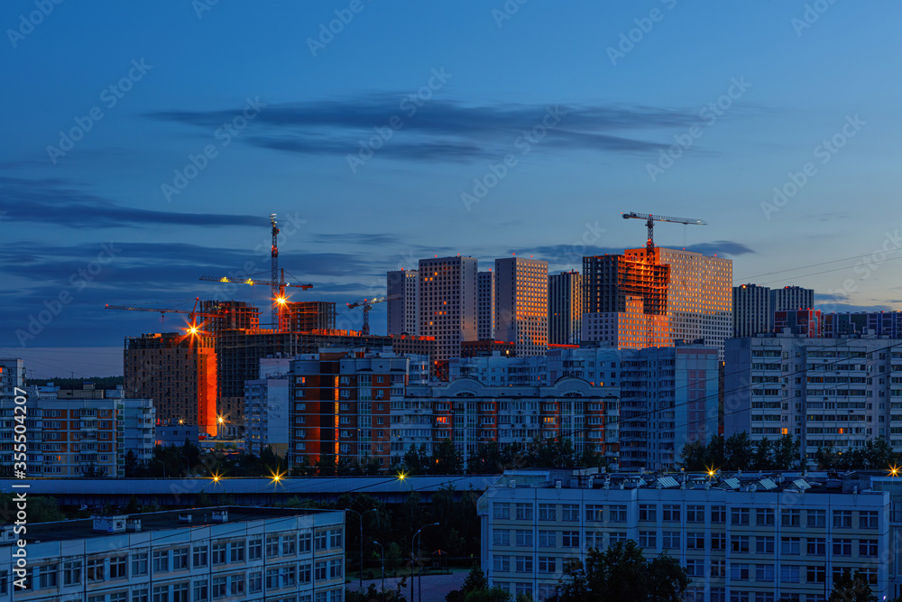 Fototapeta premium Moscow, Butovo district, new building, view from the window into the territory near the house, new houses, building.