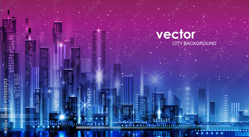 Vector night city skyline with neon glow and vivid colors. Illustration with architecture, skyscrapers, megapolis, buildings, downtown