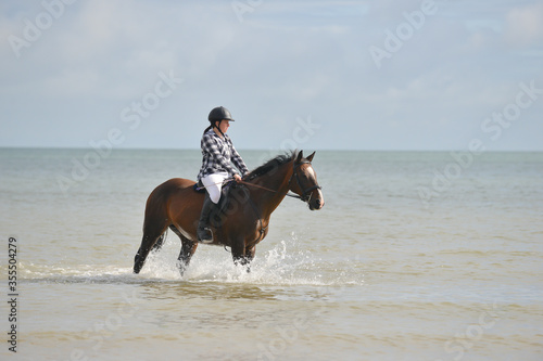 Pretty young woman and her horse enjoy paddling in the sea as they ride along the beach many a young girls dream .