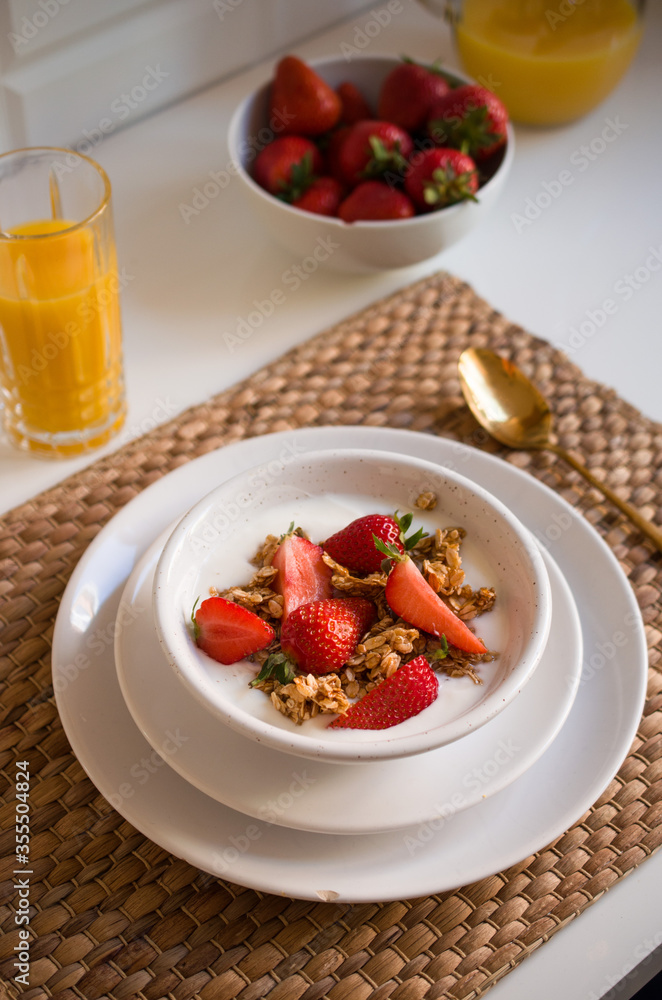 Morning breakfast granola with strawberries Morning breakfast granola with strawberries