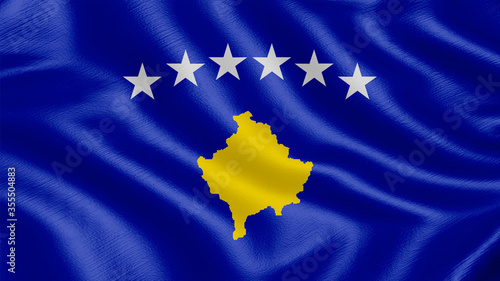 Flag of Kosovo. Realistic waving flag 3D render illustration with highly detailed fabric texture.