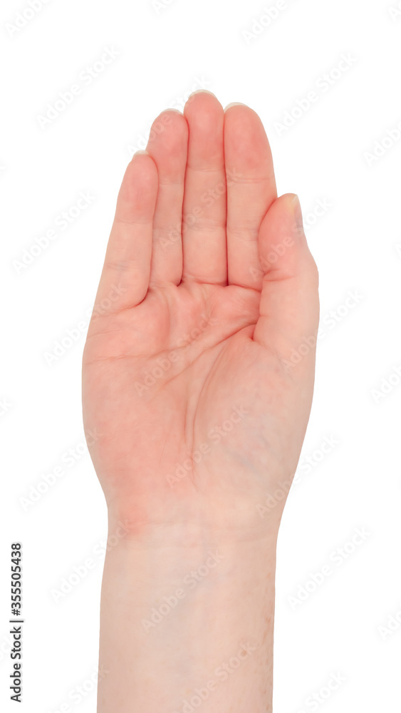 Freckled white hand. Isolated woman's empty hand in a cup or begging posture Freckled white hand. Isolated woman's empty hand in a cup or begging posture