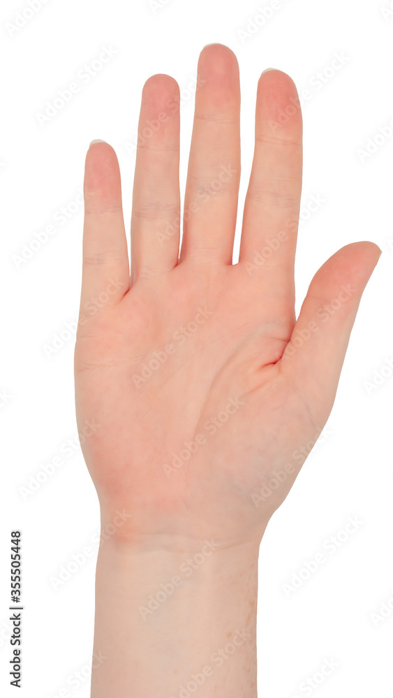Freckled white hand. Isolated woman's hand palm up, fingers splayed and relaxed, thumb turned out Freckled white hand. Isolated woman's hand palm up, fingers splayed and relaxed, thumb turned out