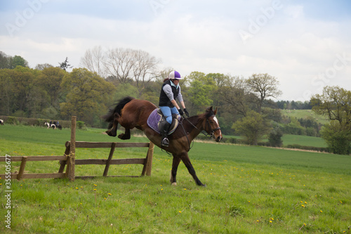 On the downhill, young rider and her horse working as a team landing safely after jumping a wooden fence on a cross country course in rural Shropshire England whilst competing in a competition 