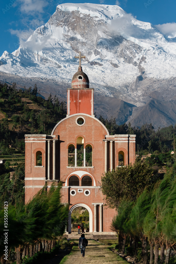 Replica of the facade of the church city of Yungay, Peru at sunset.