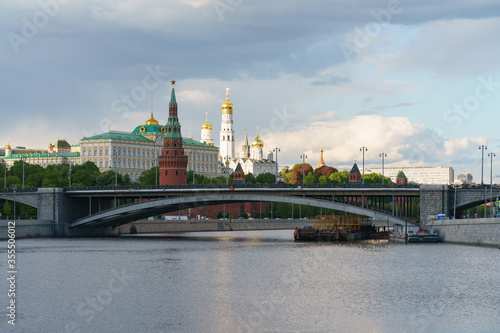 Moscow cityscape in spring. Kremlin wall, Towers, Residence of President of the Russian Federation, Ivan the Great Bell Tower, Dormition Cathedral, Bolshoy Kamenny Bridge