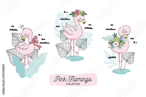Cute flamingo baby with backdrop and scarf, blossom, pineapple, crown elements. Bird Stickers collection. Jungle animal cartoon character. Hand drawn kids card template design.