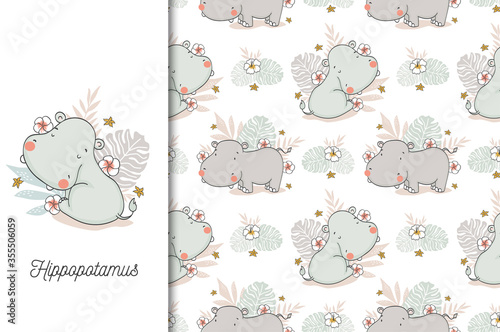 Cute hippo baby with floral backdrop. Jungle animal cartoon character. Alphabetical Kids card print template and seamless background pattern. Hand drawn fabric surface design.