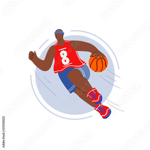 Basketball player flat hand drawn vector illustration. Athlete hitting the ball smash cartoon character. Man in sportswear doodle drawing. Sport competition concept. Team sport