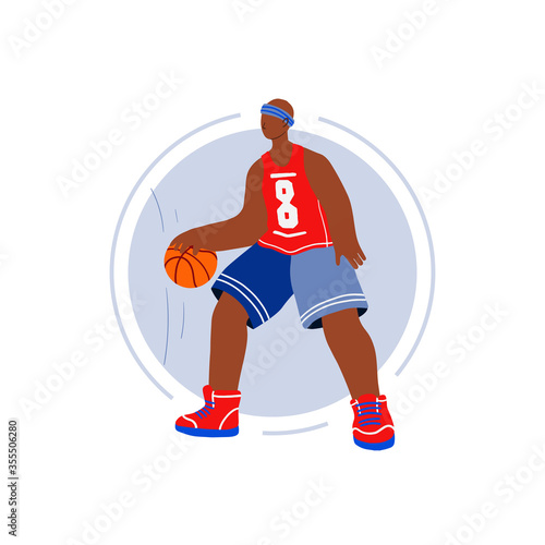 Basketball player flat hand drawn vector illustration. Athlete hitting the ball smash cartoon character. Man in sportswear doodle drawing. Sport competition concept. Team sport