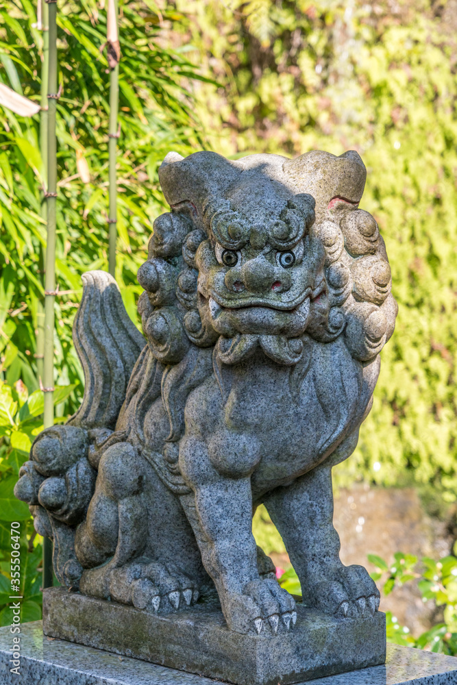 Ungyou (Closed Mouth) Stone carved Komainu Lion-Dog guardian in Kamakura, Kanagawa Prefecture, Japan