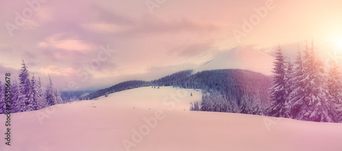 Wonderful Wintry Scene. Beautiful winter landscape with snow covered trees. Amazing Evening View During Sunset in the Mountains. frost covered trees in the warm glow at sunrise. Christmas background