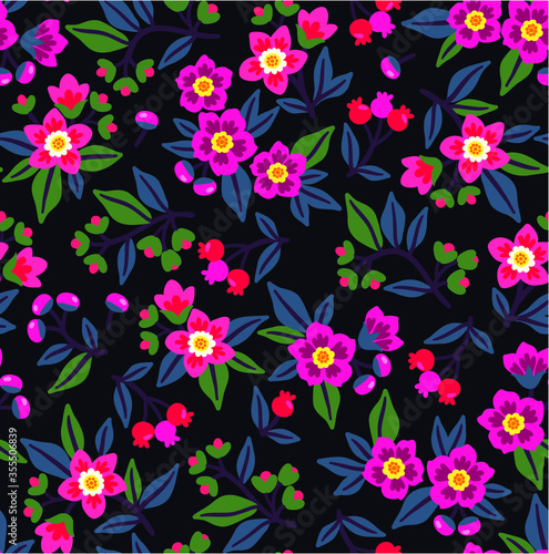 Cute Floral pattern in the small flower. Ditsy print. Motifs scattered random. Seamless vector texture. Elegant template for fashion prints. Printing with small pink flowers. Dark blue background.