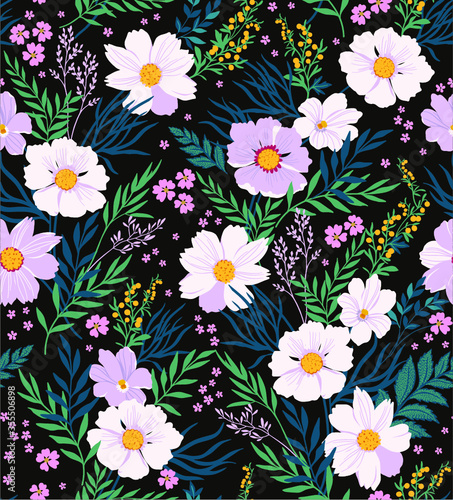 Trendy seamless floral pattern. Endless print made of white flowers, leaves and berries. Summer and spring motifs. Modern floral texture. Black background. Vector illustration.