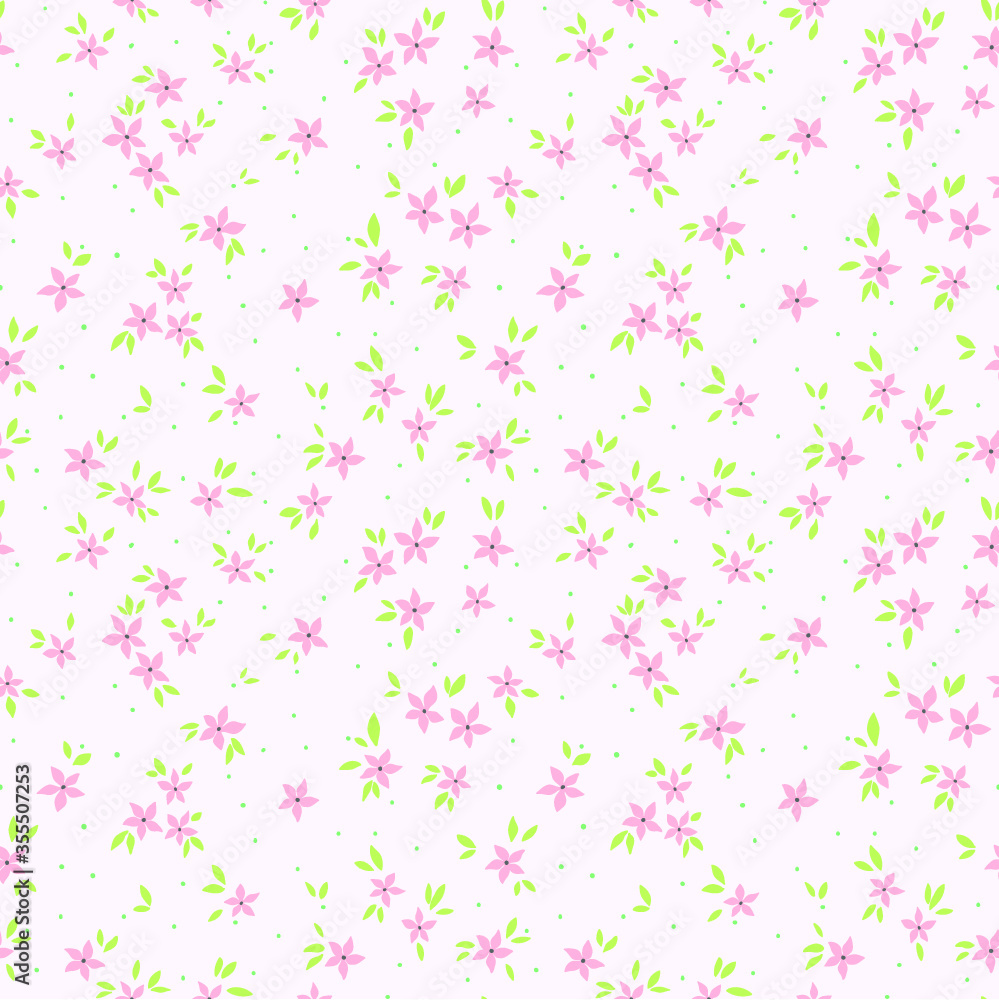 Vintage floral background. Seamless vector pattern for design and fashion prints. Flowers pattern with small pink flowers on a white background. Ditsy style. 