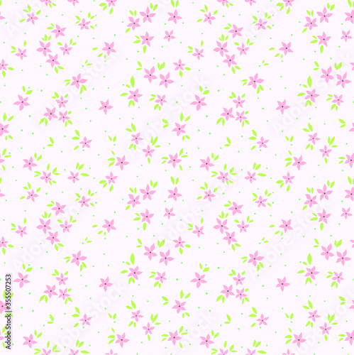 Vintage floral background. Seamless vector pattern for design and fashion prints. Flowers pattern with small pink flowers on a white background. Ditsy style. 