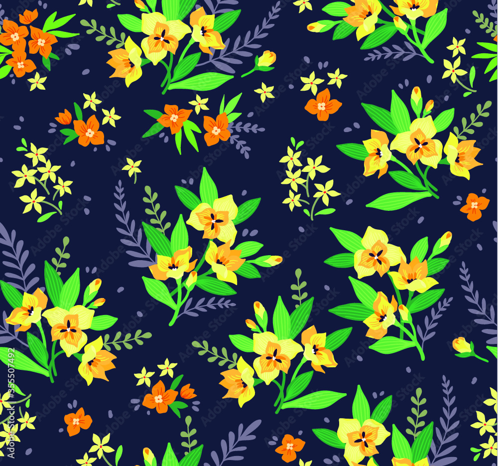Seamless floral pattern with exotic flowers. Yellow lilies flowers on a dark blue background. Branches and points with small flowers are scattered on the surface. A bouquet flowers for fashion prints.