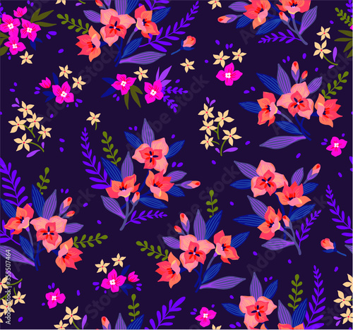 Seamless floral pattern with exotic flowers. Orange lilies flowers, dark violet background. Branches and points with small flowers are scattered on the surface. A bouquet flowers for fashion prints.