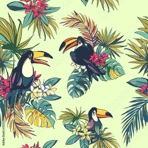 Tropical floral summer seamless pattern with palm beach leaves,