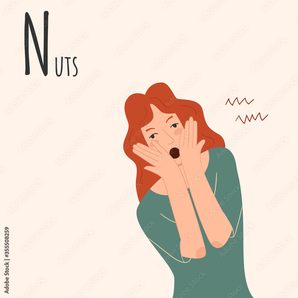 Alphabet Emotions concept. Woman holds her head and goes crazy. Female character crazy and mad. Letter N- Nuts. Vector cartoon illustration Alphabet Emotions concept. Woman holds her head and goes crazy. Female character crazy and mad. Letter N- Nuts. Vector cartoon illustration