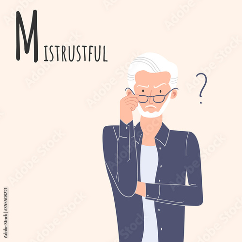 Alphabet Emotions concept. Man holds glasses and looks incredulously. Male character mistrustful and incredulous. Letter M - mistrustful. Vector cartoon illustration