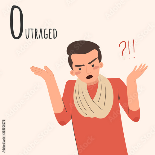 Alphabet Emotions concept. Man raises his hands in indignation. Male character outraged and infuriated. Letter O - outraged. Vector cartoon illustration