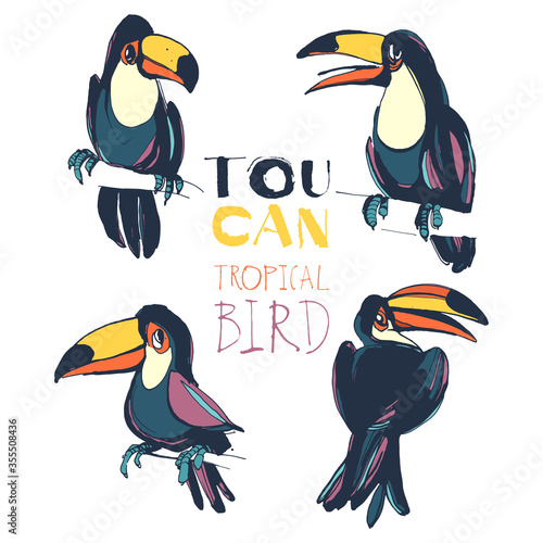 Tropical summerset with toucan birds. Ink splatter grunge style.