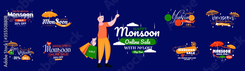 Happy Monsoon season sale with a special offer with a heavy discount. Use coupon code and get a discount. Shop Online. Template, logo, social media banner, poster, flyer, sale, badges, set, emblems, 