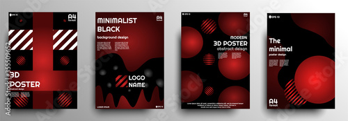 Set of 4 modern 3D poster designs, different details, shadows and waves. Designded in A4 size, black and red colors and gradients, modern banner. EPS 10 vector
